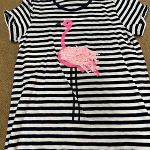 J. Crew Navy and White Striped Tee with Pink Flamingo